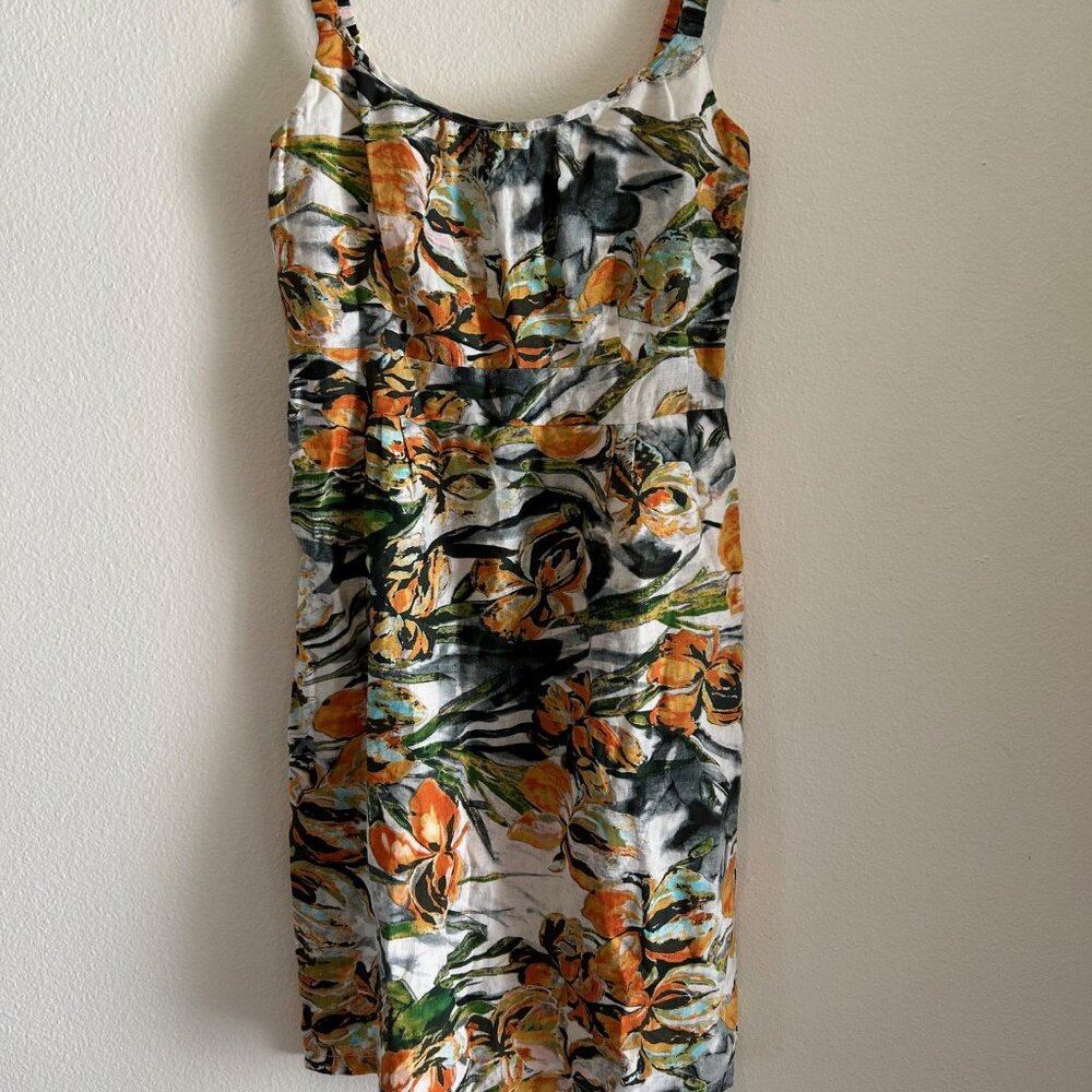 Floral Linen Midi Dress L Square Neck Sleeveless Belted Euro Summer Vacation - Picture 5 of 9